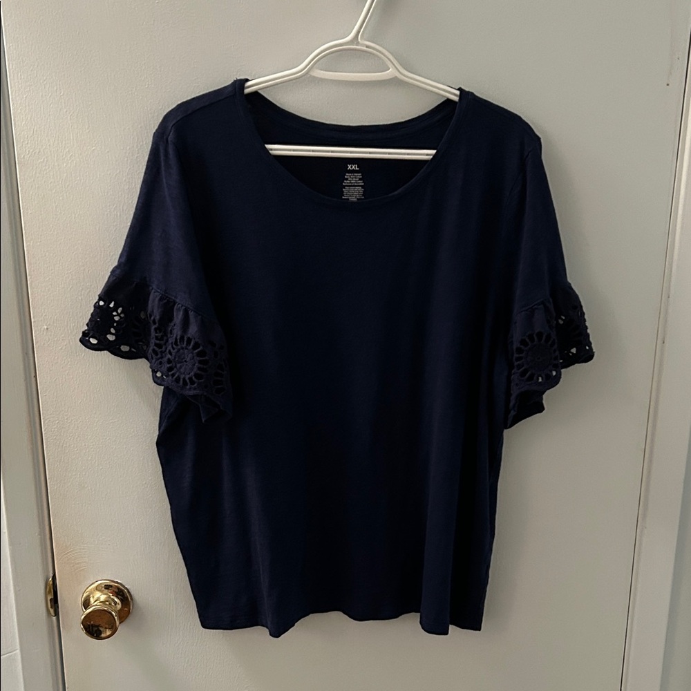 Women's Navy Short Sleeve Tee with Crochet Eyelet Sleeves